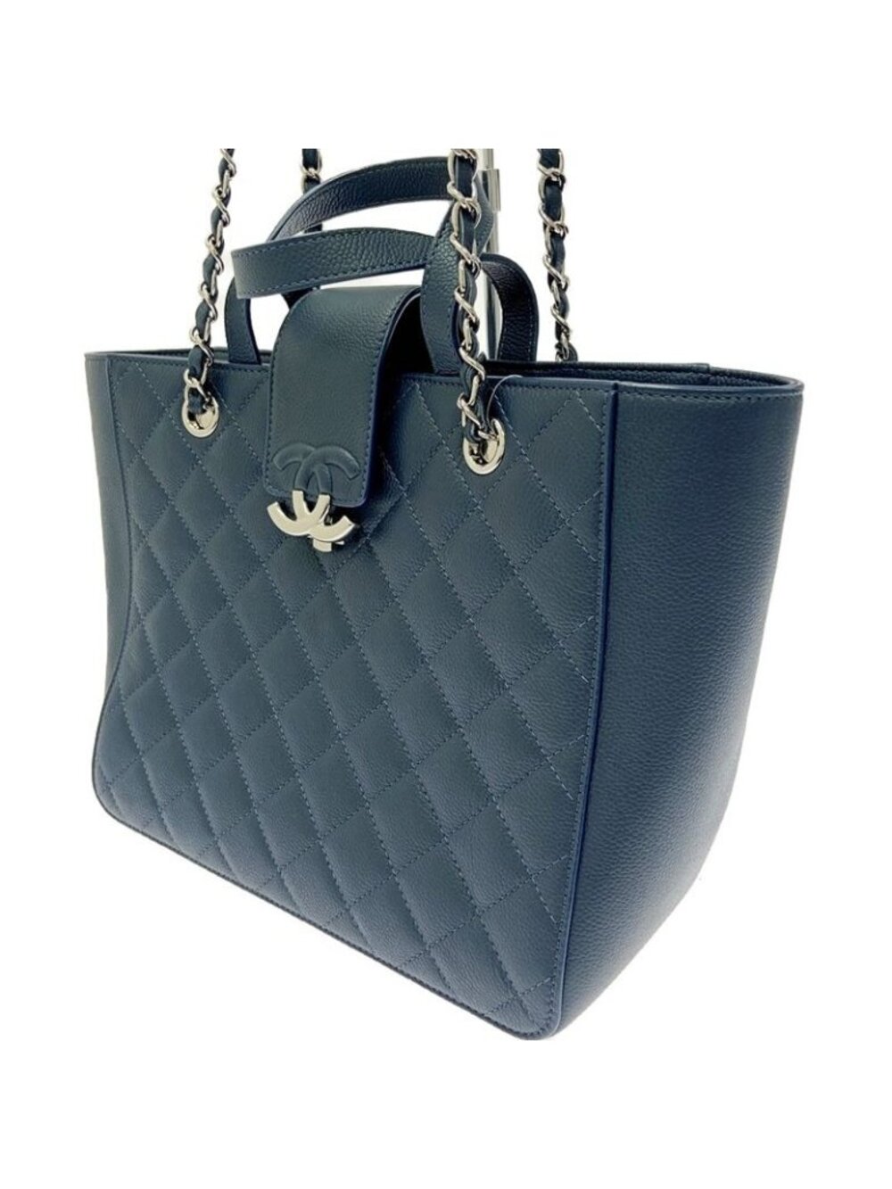 Chanel Quilted Caviar Leather Small Shopping Bag Navy Shoulder - Picture 3 of 11